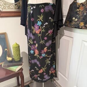 Anthracite 100% Silk Black & Multicolor Floral Pattern w Gold Accents Wrap Skirt